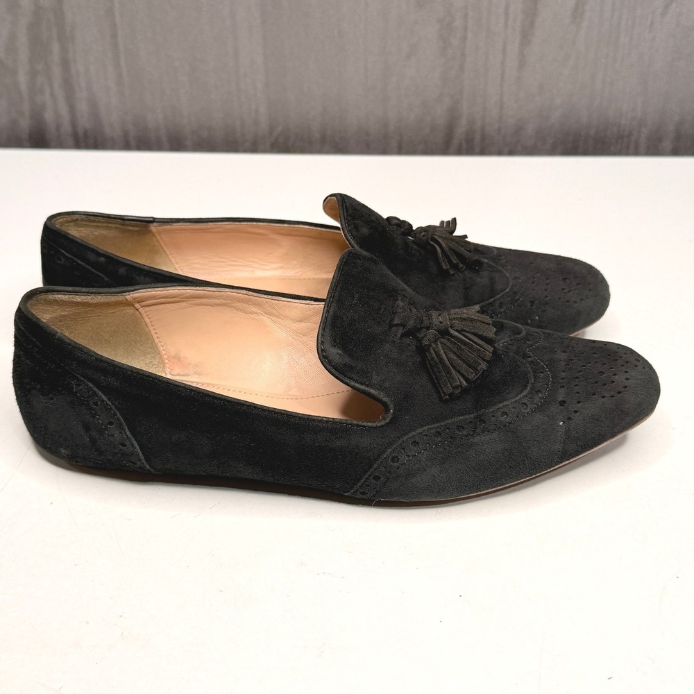 J.Crew Georgia Tassel Loafers Womens Sz 7 Black Suede Wingtip Flats Shoes Preppy